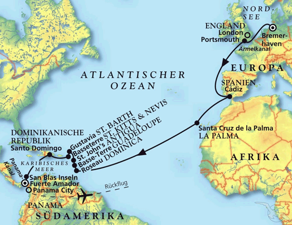 Von Bremerhaven bis nach Panama, Kreuzfahrt MS Amadea 22.12.2025 bis 18.01.2026