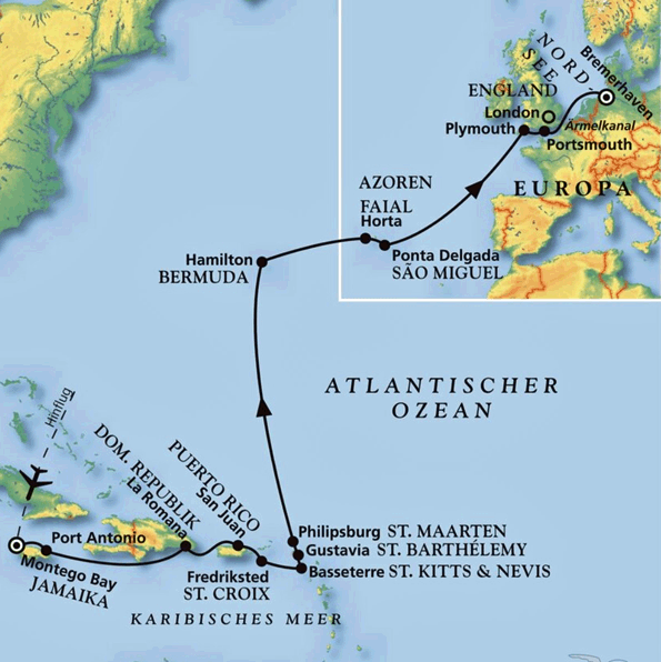 Von Jamaika durch die Karibik zu den Azoren, Kreuzfahrt MS Amadea 26.04.2027 - 22.05.2027