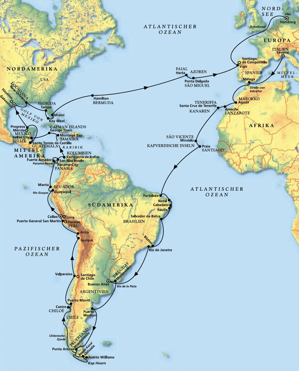 MS Amera - Gro&szlig;e Amerika-Reise mit MS Amera, Kreuzfahrt MS Amera 13.12.2027 bis 23.03.2028