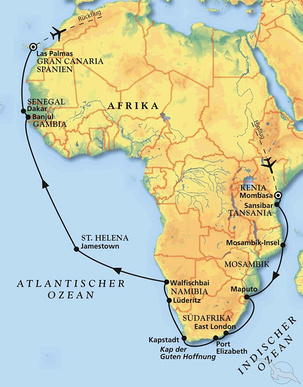 Von Kenia über Kapstadt nach Gran Canaria, Kreuzfahrt MS Artania 04.04.2027 bis 04.05.2027