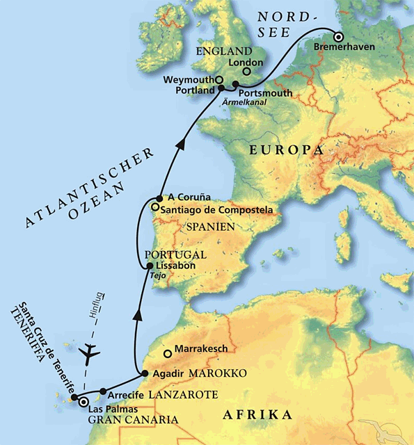 Von Las Palmas zur norddeutschen Küste, Kreuzfahrt MS Artania 04.05.2027 bis 16.05.2027