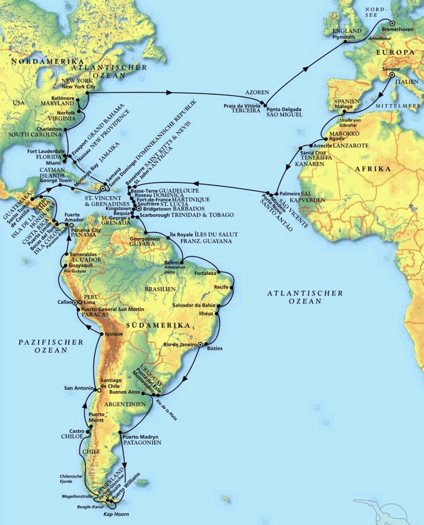 Kanaren, Kapverden, Karibik & Brasilien, Kreuzfahrt MS Artania 07.01.2026 bis 12.05.2026