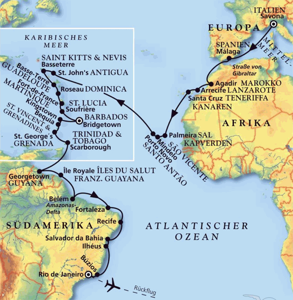 Kanaren, Kapverden, Karibik & Brasilien, Kreuzfahrt MS Artania 07.01.2026 bis 24.02.2026