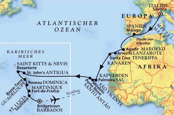 Von Ligurien bis in die traumhafte Karibik, Kreuzfahrt MS Artania 07.01.2026 bis 01.02.2026