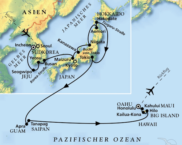 Von S&uuml;dkorea und Japan nach Hawaii, Kreuzfahrt MS Artania 09.03.2028 bis 10.04.2028