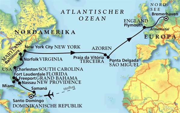 Karibik, US-Ostk&uuml;ste und zur&uuml;ck in die Alte Welt, Kreuzfahrt MS Artania 13.04.2026 bis 12.05.2026