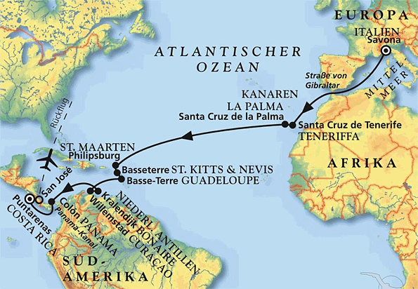Von Italien Kurs Karibik und Costa Rica, Kreuzfahrt MS Artania 18.12.2026 bis 12.01.2027