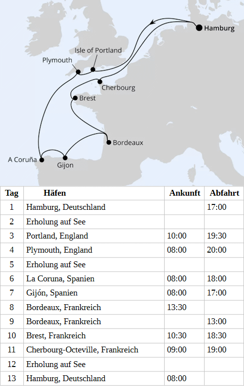 &Auml;rmelkanal & Golf von Biskaya ab Hamburg, AIDAbella vom 06.08.2028 bis 18.08.2028
