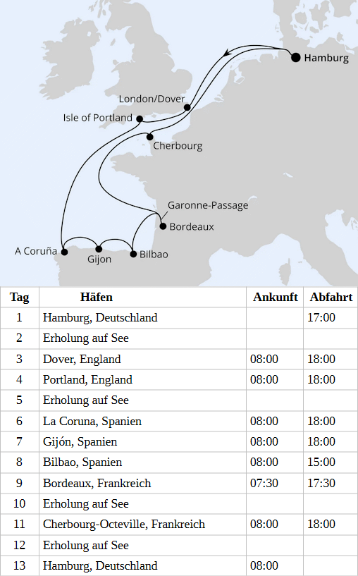 &Auml;rmelkanal & Golf von Biskaya ab Hamburg, AIDAbella vom 14.05.2028 bis 26.05.2028