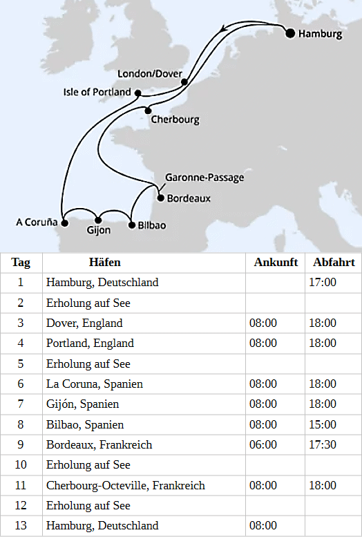 &Auml;rmelkanal & Golf von Biskaya ab Hamburg, AIDAbella vom 25.06.2028 bis 07.07.2028