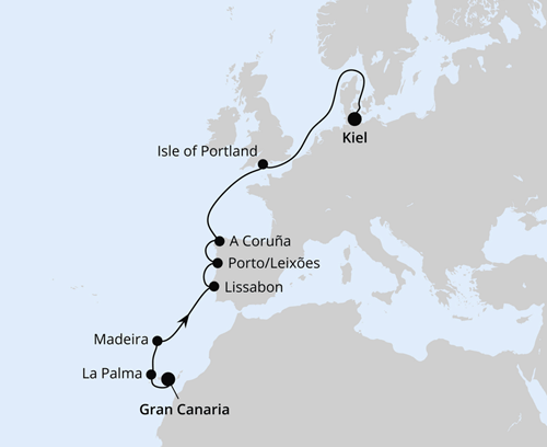 Europas Atlantikküste ab Gran Canaria, AIDAbella am 11.04.2026