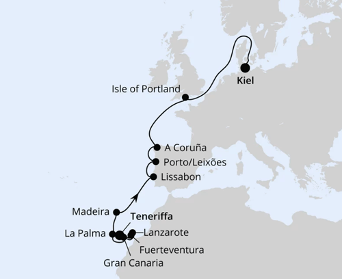 Europas Atlantikküste ab Teneriffa, AIDAbella am 08.04.2026