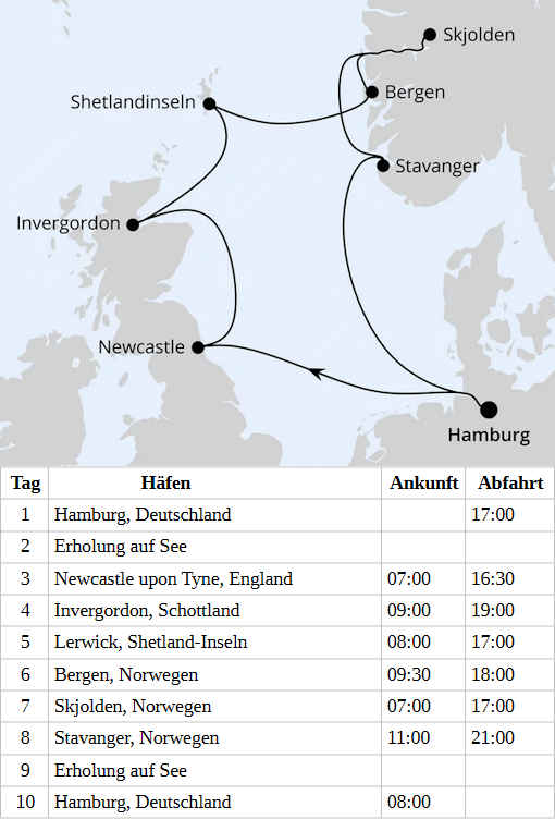 Gro&szlig;britannien & Norwegen ab Hamburg, AIDAbella vom 05.05.2028 bis 14.05.2028