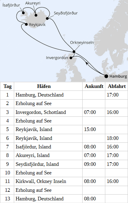 Island-Rundreise ab Hamburg, AIDAbella vom 09.04.2028 bis 21.04.2028