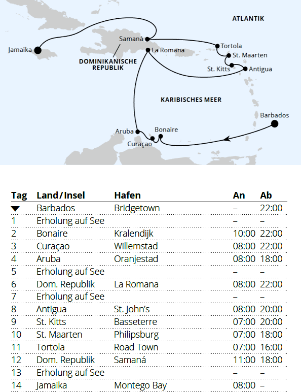AIDAbella vom 30.01.2028 bis 13.02.2028, AIDA - Karibische Inseln ab Barbados