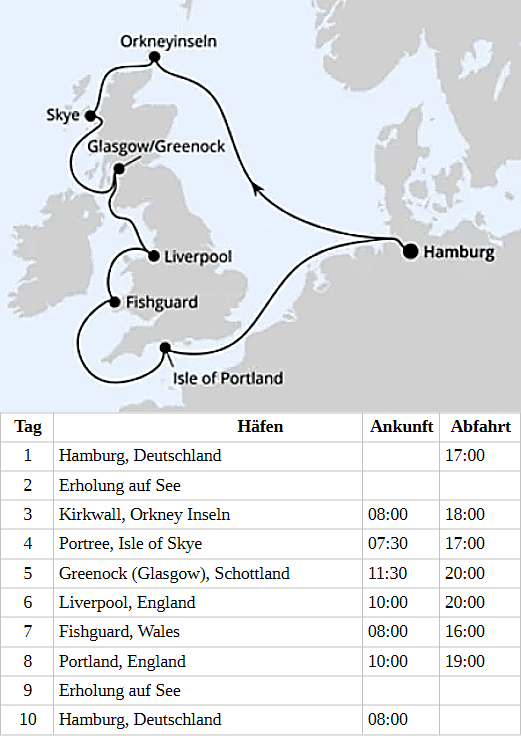K&ouml;nigreich Gro&szlig;britannien ab Hamburg 2, AIDAbella vom 16.06.2028 bis 25.06.2028