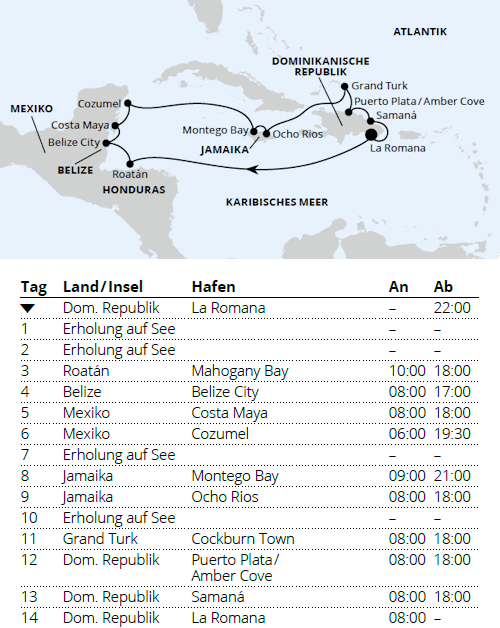 AIDAbella vom 08.01.2028 bis 22.01.2028, AIDA - Mexiko & Karibik ab Dominikanische Republik