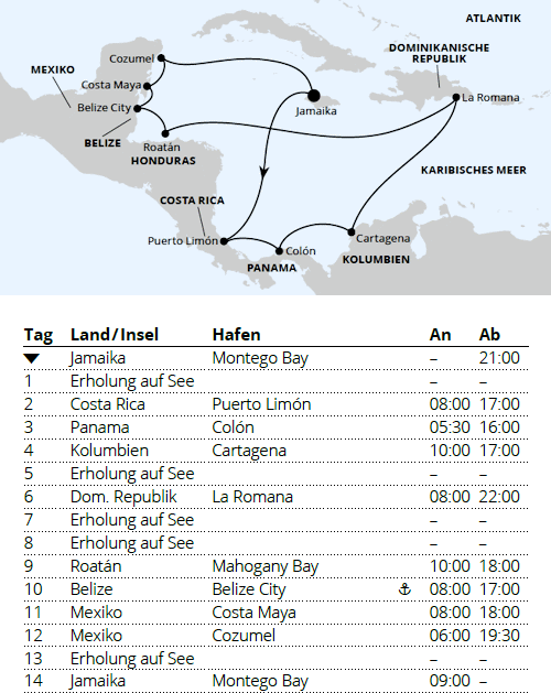 AIDAbella vom 13.02.2028 bis 27.02.2028, AIDA - Mittelamerika & Mexiko ab Jamaika