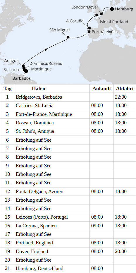 Von Barbados &uuml;ber die Azoren nach Hamburg, AIDAbella vom 12.03.2028 bis 01.04.2028