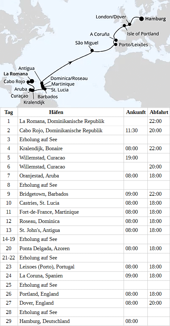 Von der Dom. Republik &uuml;ber die Azoren nach Hamburg, AIDAbella vom 04.03.2028 bis 01.04.2028