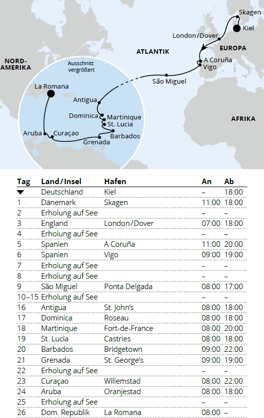 AIDAbella vom 01.11.2027 bis 27.11.2027, AIDA - Von Kiel &uuml;ber die Azoren in die Dom. Republik