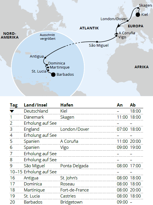 AIDAbella vom 01.11.2027 bis 21.11.2027, AIDA - Von Kiel &uuml;ber die Azoren nach Barbados