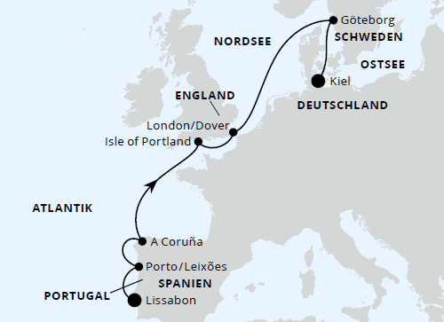 Westeuropa-Highlights von Lissabon nach Kiel, AIDAbella vom 17.04.2027 bis 25.04.2027