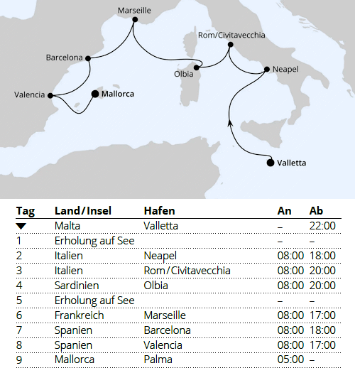 Italien, Frankreich & Spanien ab Malta, AIDAblu vom 26.10.2027 bis 04.11.2027
