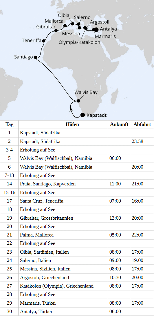 S&uuml;dafrika, Namibia & Mittelmeer ab Kapstadt, AIDAblu vom 14.03.2028 bis 12.04.2028