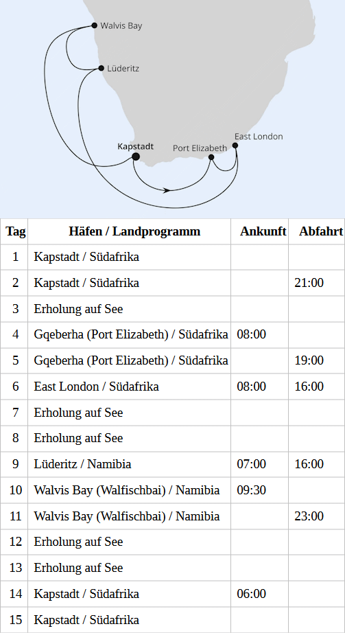 S&uuml;dafrika & Namibia, AIDAblu vom 29.02.2028 bis 14.03.2028