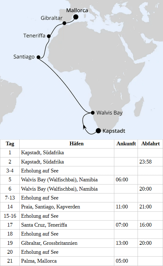 Von Kapstadt &uuml;ber Namibia nach Mallorca, AIDAblu vom 14.03.2028 bis 03.04.2028