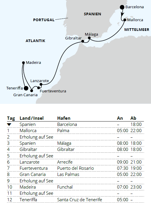 Andalusien, Kanaren & Madeira ab Barcelona, AIDAcosma vom 05.11.2027 bis 17.11.2027