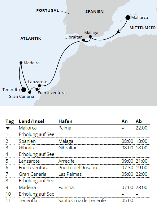 Andalusien, Kanaren & Madeira ab Mallorca, AIDAcosma vom 06.11.2027 bis 17.11.2027