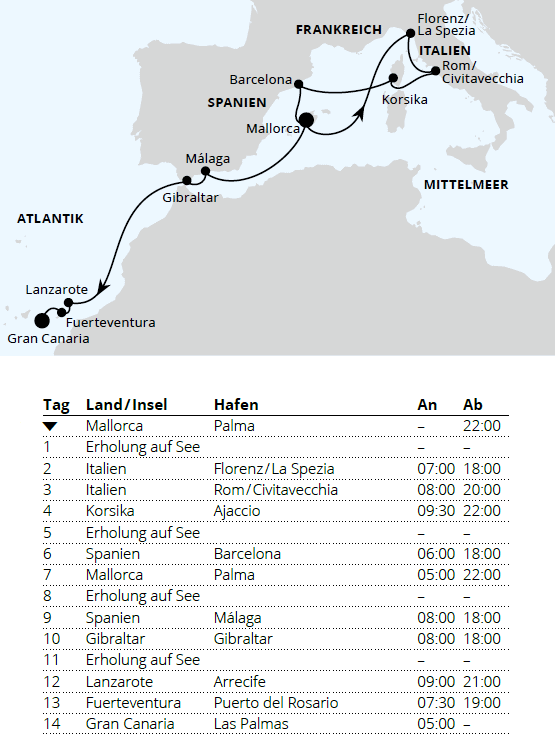 Korsika, Italien & Kanaren ab Mallorca, AIDAcosma vom 30.10.2027 bis 13.11.2027