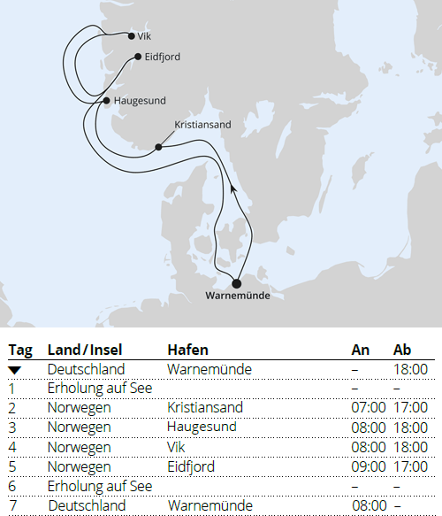 Norwegens Fjorde ab Warnem&uuml;nde 1, AIDAdiva vom 03.07.2027 bis 10.07.2027