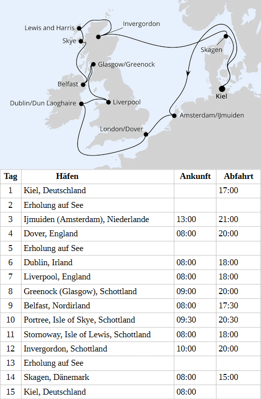 AIDAluna am vom 13.08.2028 bis 27.08.2028, Gro&szlig;britannien & Irland ab Kiel
