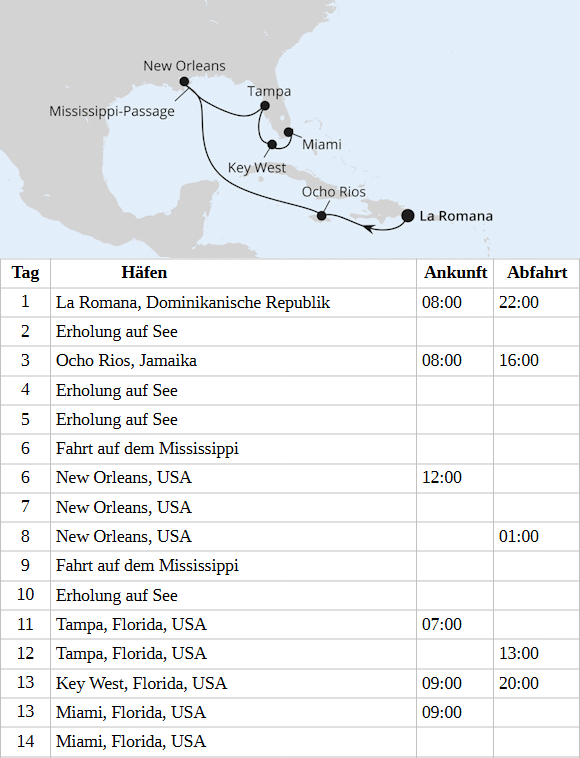 AIDAluna am vom 22.04.2028 bis 05.05.2028, New Orleans & Florida ab Dominikanische Republik