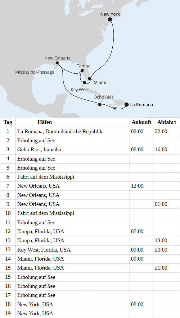 AIDAluna am vom 22.04.2028 bis 10.05.2028, New Orleans, Florida & New York ab Dom. Republik