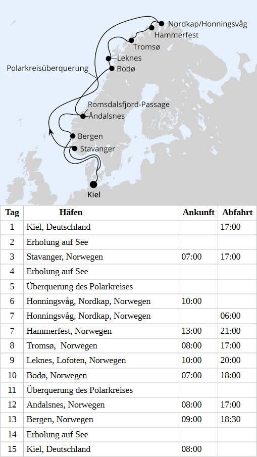 AIDAluna am vom 10.07.2028 bis 24.07.2028, Norwegen mit Lofoten & Nordkap ab Kiel