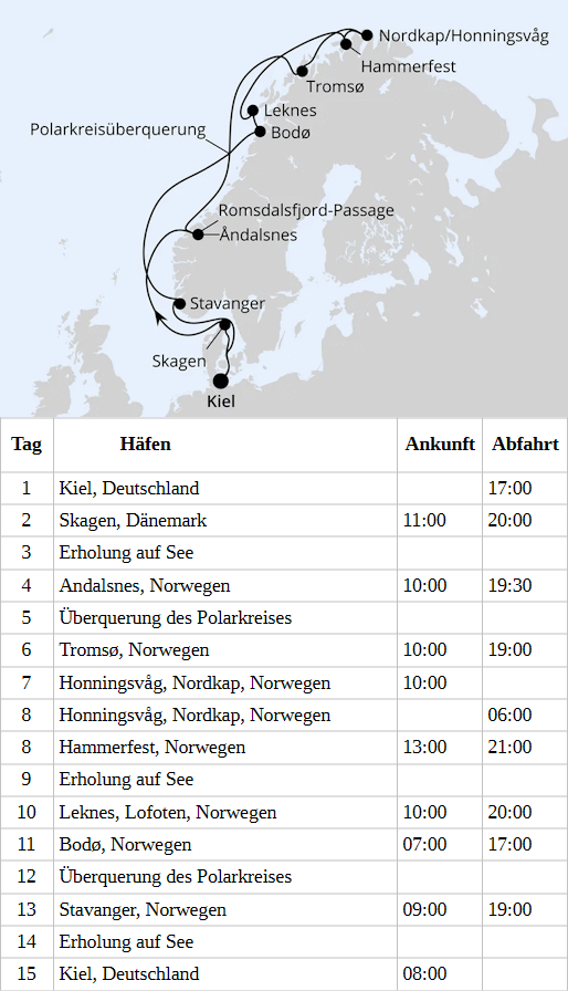 AIDAluna am vom 11.06.2028 bis 25.06.2028, Norwegen mit Lofoten & Nordkap ab Kiel