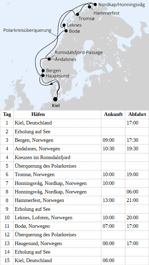 AIDAluna am vom 28.05.2028 bis 11.06.2028, Norwegen mit Lofoten & Nordkap ab Kiel