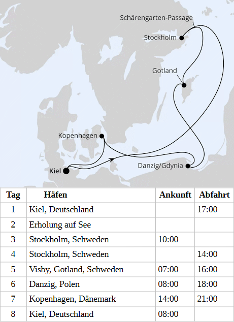 AIDAluna vom 27.08.2028 bis 03.09.2028, Schweden, Polen  & D&auml;nemark ab Kiel