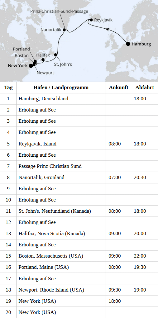 Von Hamburg &uuml;ber Gr&ouml;nland nach New York, AIDAluna vom 03.09.2027 bis 22.09.2027