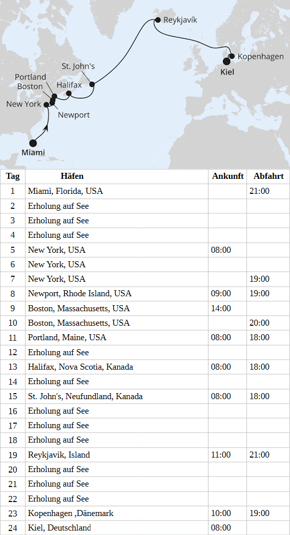 AIDAluna am vom 05.05.2028 bis 28.05.2028, Von Miami &uuml;ber Island nach Kiel