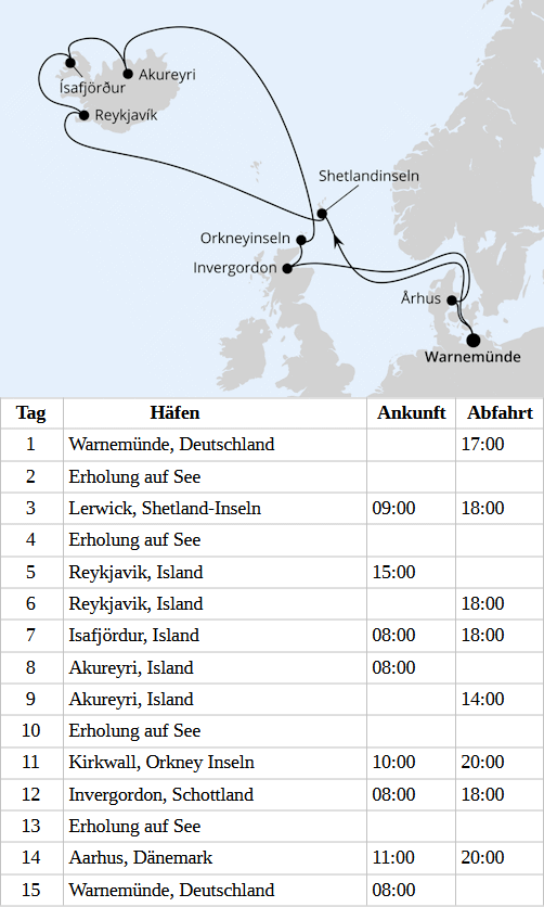Island-Rundreise ab Warnem&uuml;nde, AIDAmar vom 27.06.2027 bis 11.07.2027