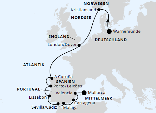 Westeuropa-Highlights von Warnemünde nach Mallorca, AIDAmar vom 11.10.2026 bis 25.10.2026