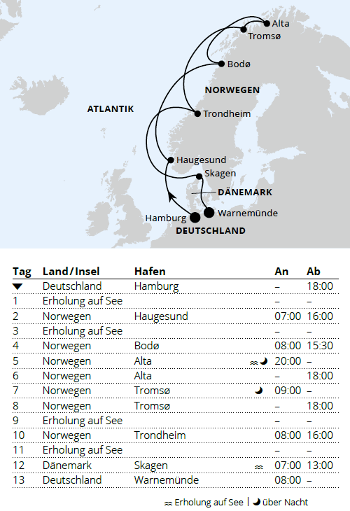 AIDAmar vom 01.04.2028 bis 14.04.2028, AIDAmar Winter im hohen Norden von Hamburg nach Warnem&uuml;nde