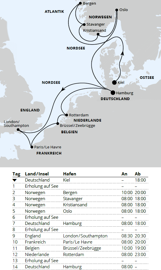 Gro&szlig;e Norwegen-Reise ab Kiel, AIDAnova vom 06.11.2027 bis 20.11.2027