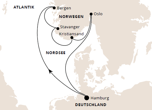 Südnorwegen ab Hamburg, AIDAnova von Novemver 2025 bis April 2026, Kreuzfahrt AIDA