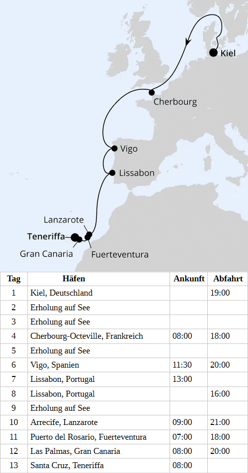 AIDAperla - Europas Atlantikk&uuml;ste ab Kiel vom 08.01.2028 bis 20.01.2028